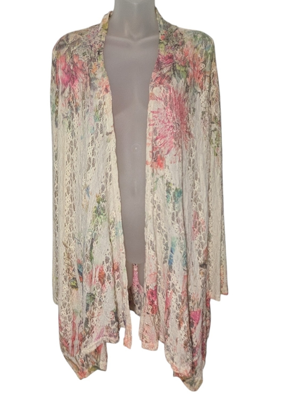 Origami Lace Floral Cardigan L/XL Sheer Boho Open Front Kimono Duster Teal Pink